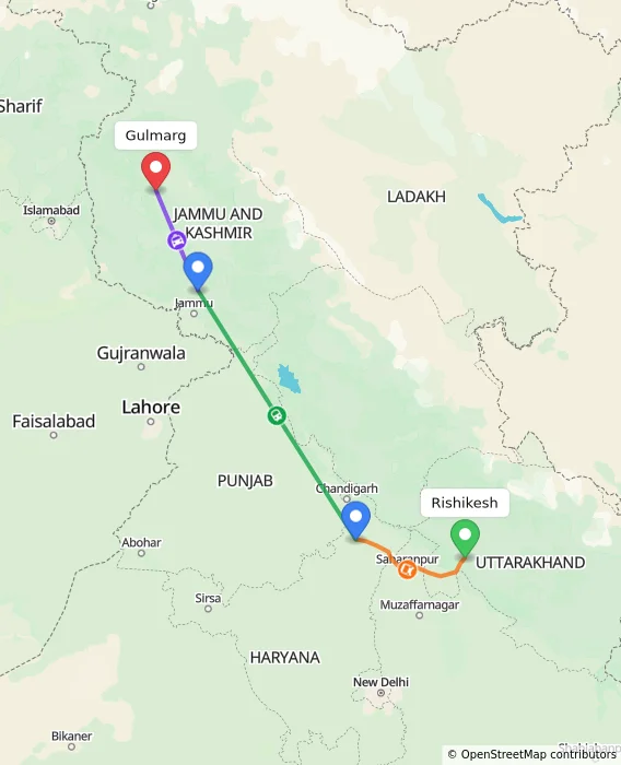 Route map showing distance and travel time from Rishikesh, India to Gulmarg, India
