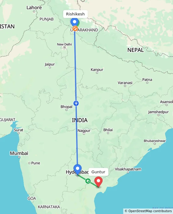 Route map showing distance and travel time from Rishikesh, India to Guntur, India