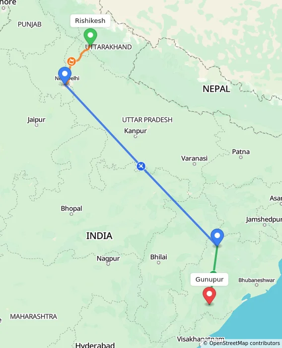 Route map showing distance and travel time from Rishikesh, India to Gunupur, India