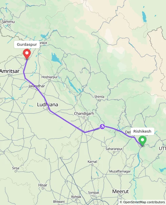 Route map showing distance and travel time from Rishikesh, India to Gurdaspur, India