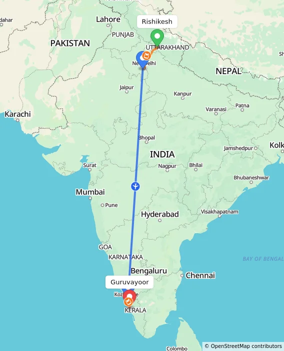 Route map showing distance and travel time from Rishikesh, India to Guruvayoor, India