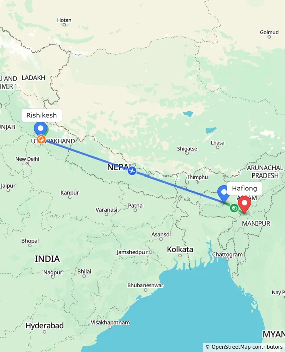 Route map showing distance and travel time from Rishikesh, India to Haflong, India