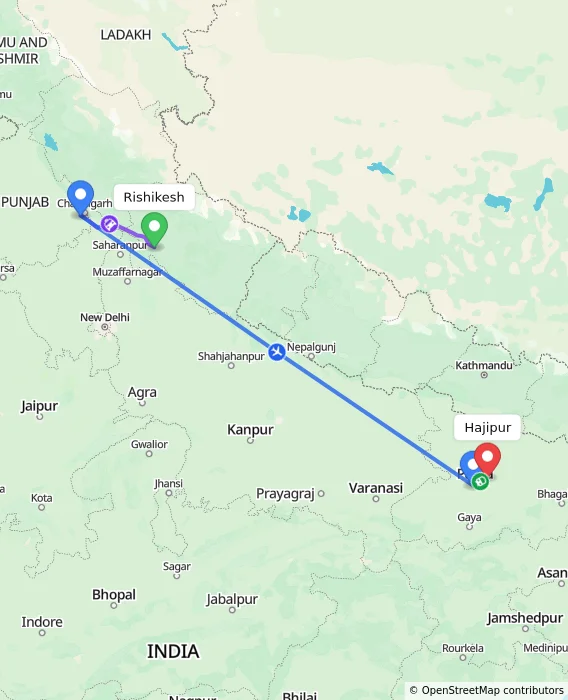 Route map showing distance and travel time from Rishikesh, India to Hajipur, India
