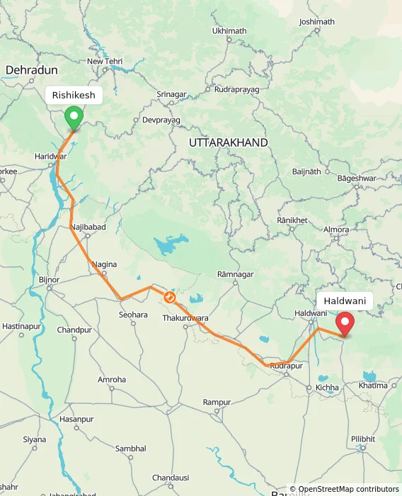 Route map showing distance and travel time from Rishikesh, India to Haldwani, India