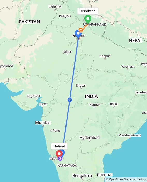 Route map showing distance and travel time from Rishikesh, India to Haliyal, India