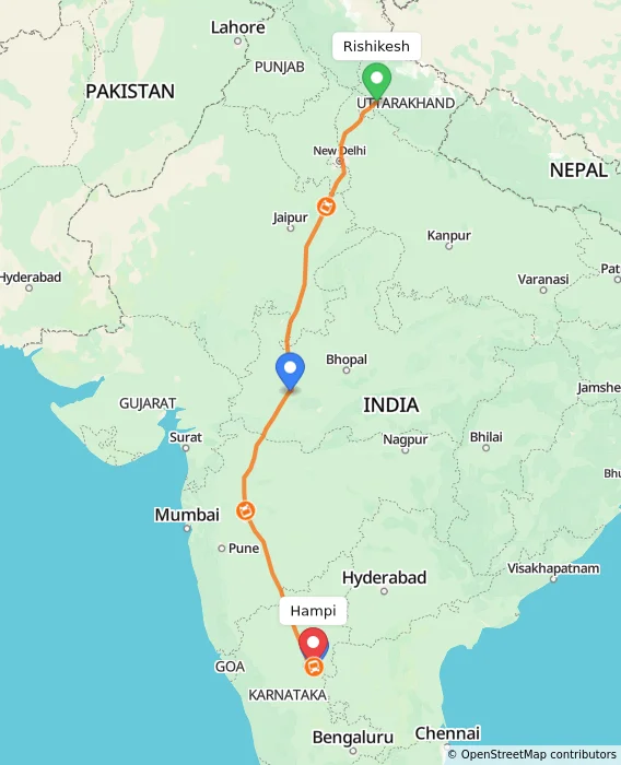 Route map showing distance and travel time from Rishikesh, India to Hampi, India