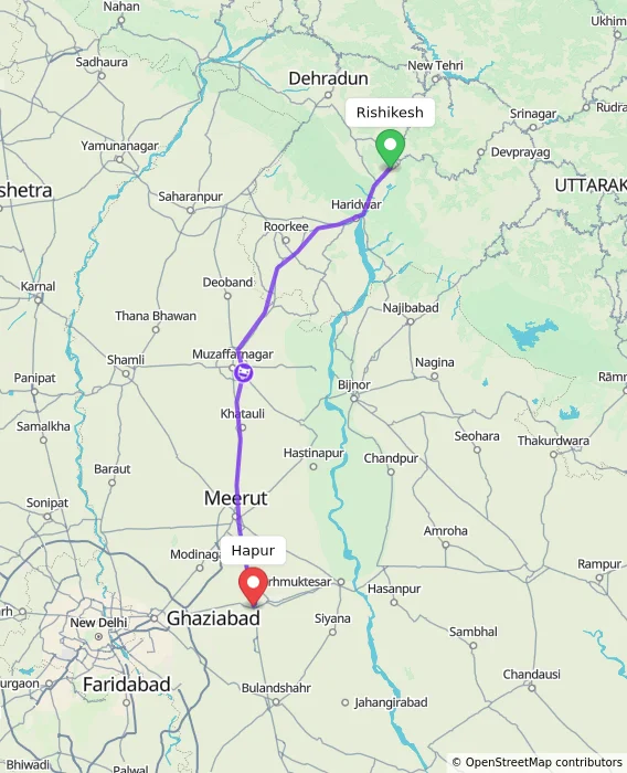 Route map showing distance and travel time from Rishikesh, India to Hapur, India