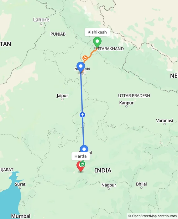 Route map showing distance and travel time from Rishikesh, India to Harda, India