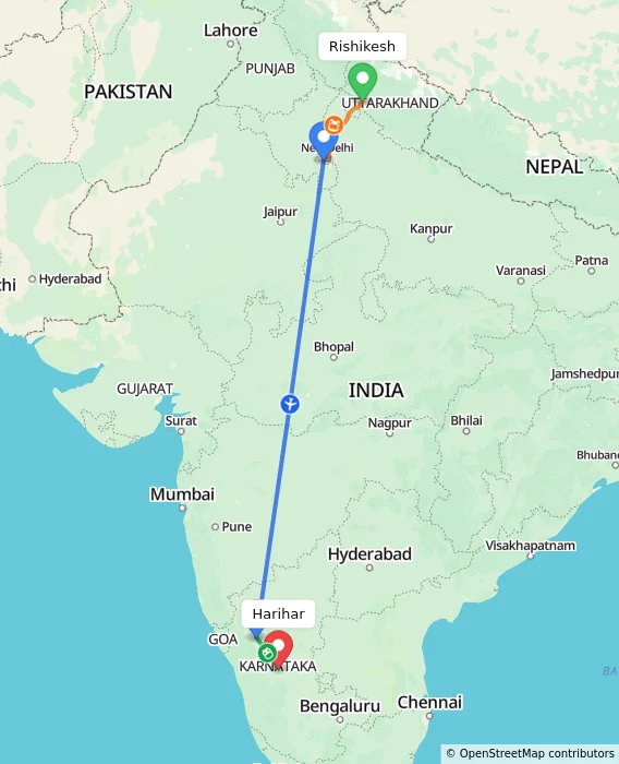 Route map showing distance and travel time from Rishikesh, India to Harihar, India