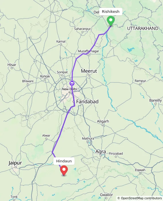 Route map showing distance and travel time from Rishikesh, India to Hindaun, India