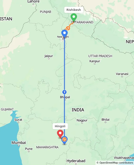 Route map showing distance and travel time from Rishikesh, India to Hingoli, India