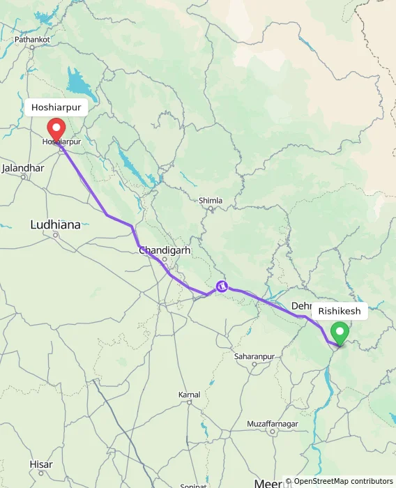 Route map showing distance and travel time from Rishikesh, India to Hoshiarpur, India