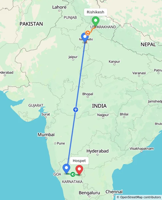 Route map showing distance and travel time from Rishikesh, India to Hospet, India