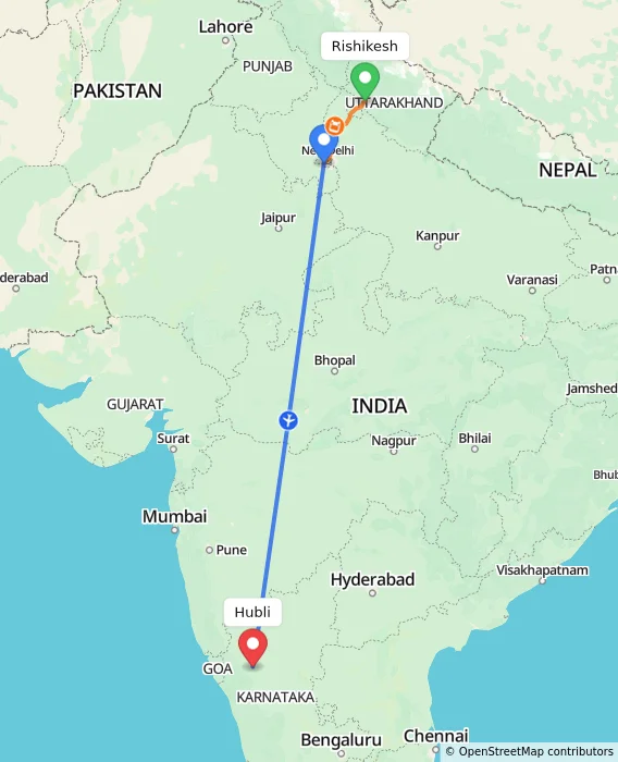 Route map showing distance and travel time from Rishikesh, India to Hubli, India