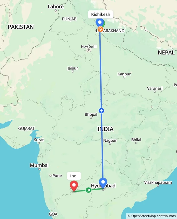 Route map showing distance and travel time from Rishikesh, India to Indi, India