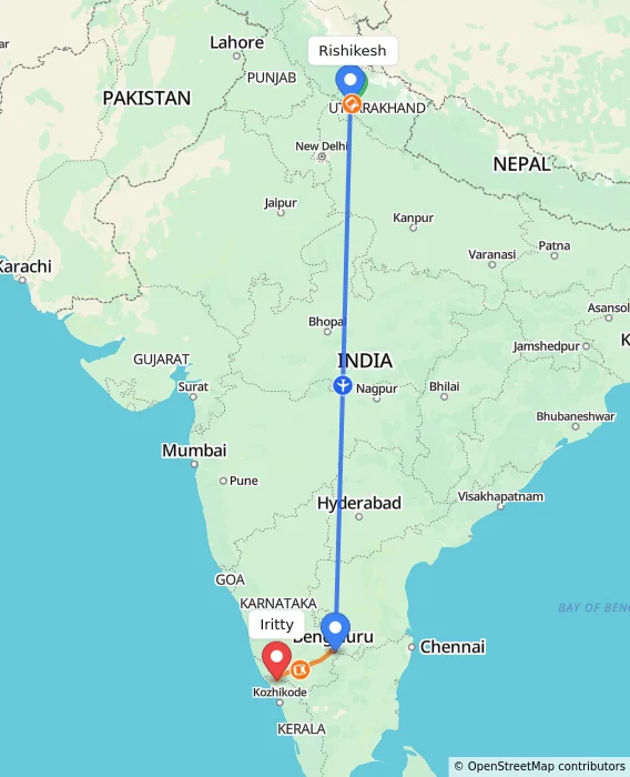 Route map showing distance and travel time from Rishikesh, India to Iritty, India