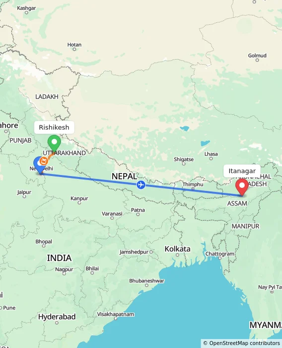 Route map showing distance and travel time from Rishikesh, India to Itanagar, India