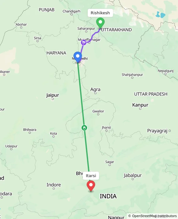 Route map showing distance and travel time from Rishikesh, India to Itarsi, India