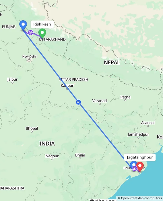Route map showing distance and travel time from Rishikesh, India to Jagatsinghpur, India