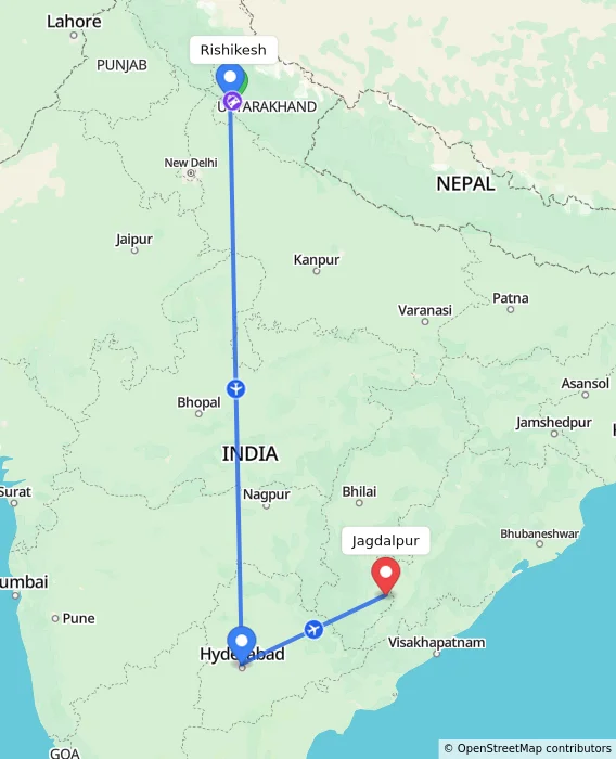 Route map showing distance and travel time from Rishikesh, India to Jagdalpur, India