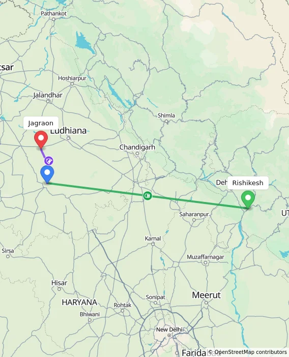 Route map showing distance and travel time from Rishikesh, India to Jagraon, India