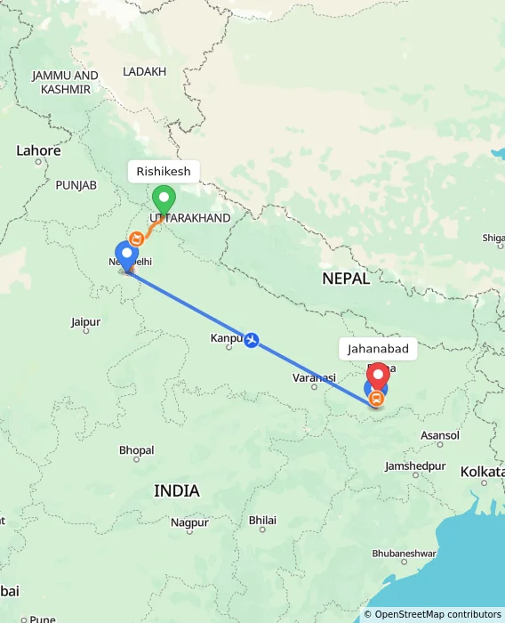 Route map showing distance and travel time from Rishikesh, India to Jahanabad, India