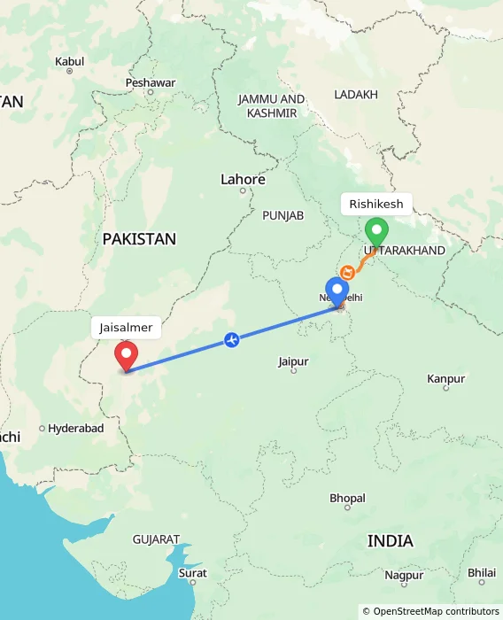 Route map showing distance and travel time from Rishikesh, India to Jaisalmer, India
