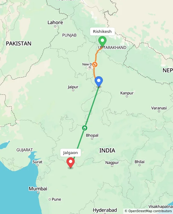 Route map showing distance and travel time from Rishikesh, India to Jalgaon, India