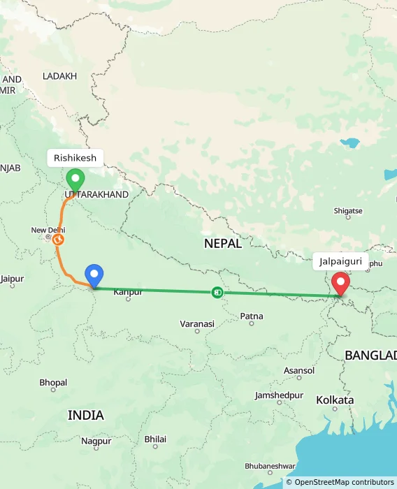 Route map showing distance and travel time from Rishikesh, India to Jalpaiguri, India
