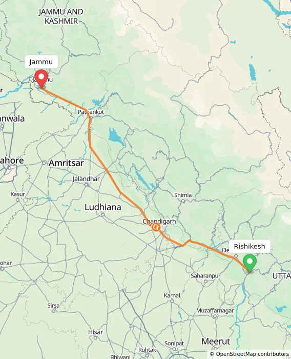 Route map showing distance and travel time from Rishikesh, India to Jammu, India