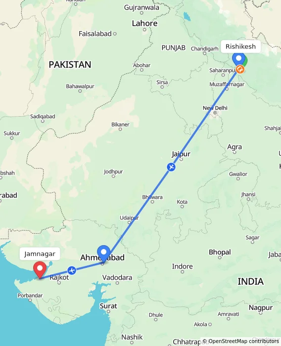 Route map showing distance and travel time from Rishikesh, India to Jamnagar, India