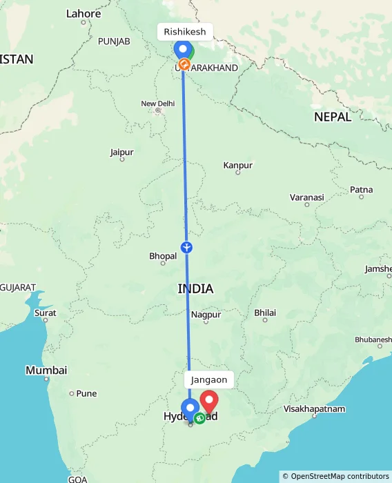 Route map showing distance and travel time from Rishikesh, India to Jangaon, India