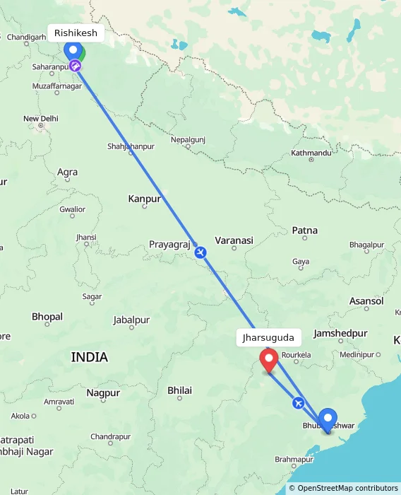 Route map showing distance and travel time from Rishikesh, India to Jharsuguda, India