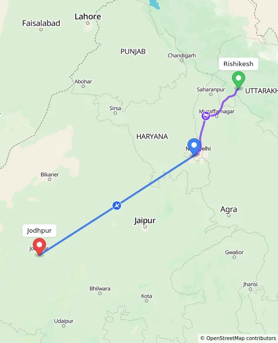 Route map showing distance and travel time from Rishikesh, India to Jodhpur, India