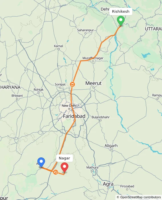 Route map showing distance and travel time from Rishikesh, India to Nagar, India