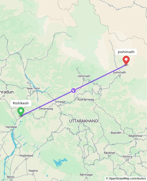 Route map showing distance and travel time from Rishikesh, India to Joshimath, India
