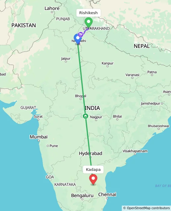 Route map showing distance and travel time from Rishikesh, India to Kadapa, India