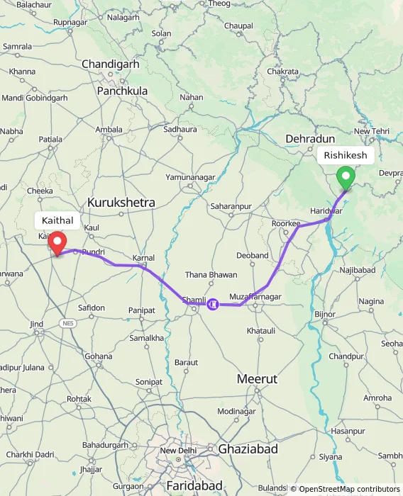 Route map showing distance and travel time from Rishikesh, India to Kaithal, India