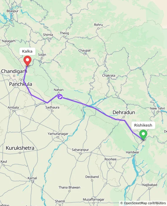 Route map showing distance and travel time from Rishikesh, India to Kalka, India