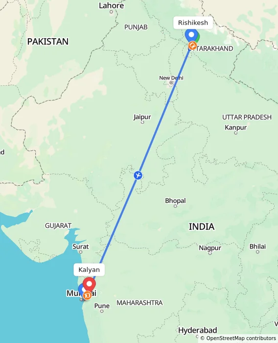 Route map showing distance and travel time from Rishikesh, India to Kalyan, India