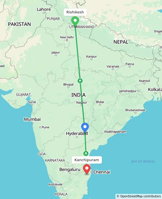 Route map showing distance and travel time from Rishikesh, India to Kanchipuram, India