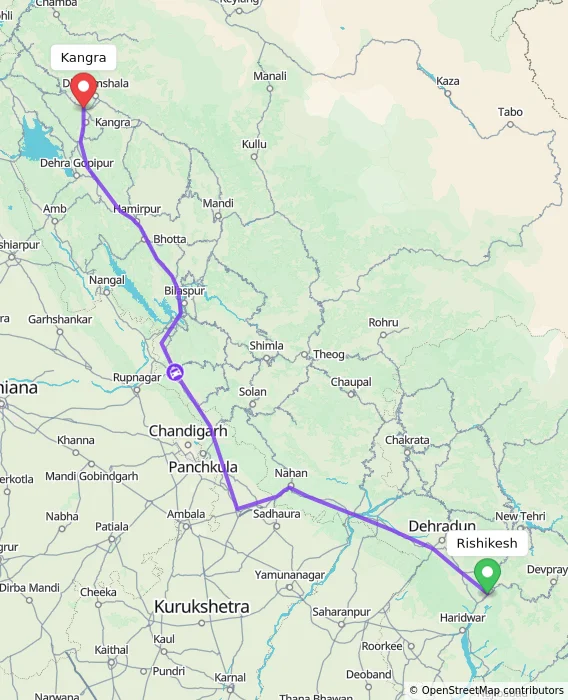 Route map showing distance and travel time from Rishikesh, India to Kangra, India