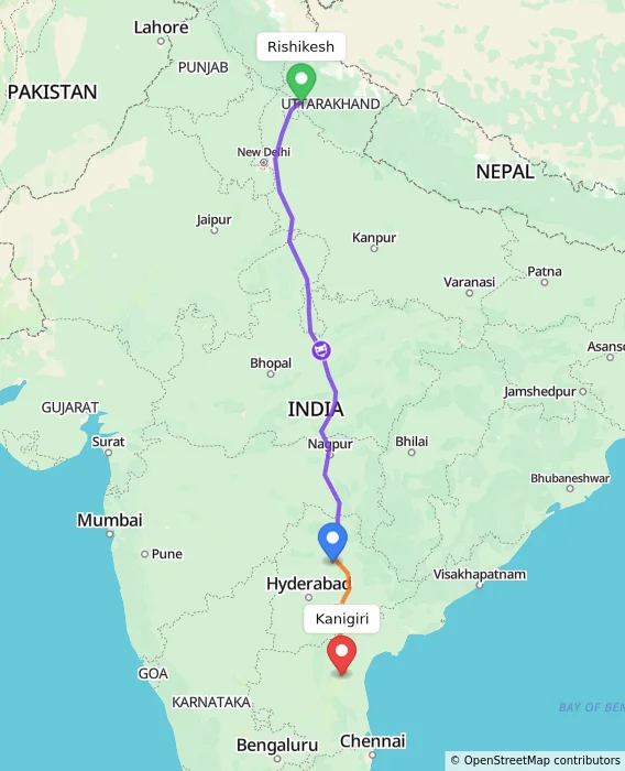 Route map showing distance and travel time from Rishikesh, India to Kanigiri, India