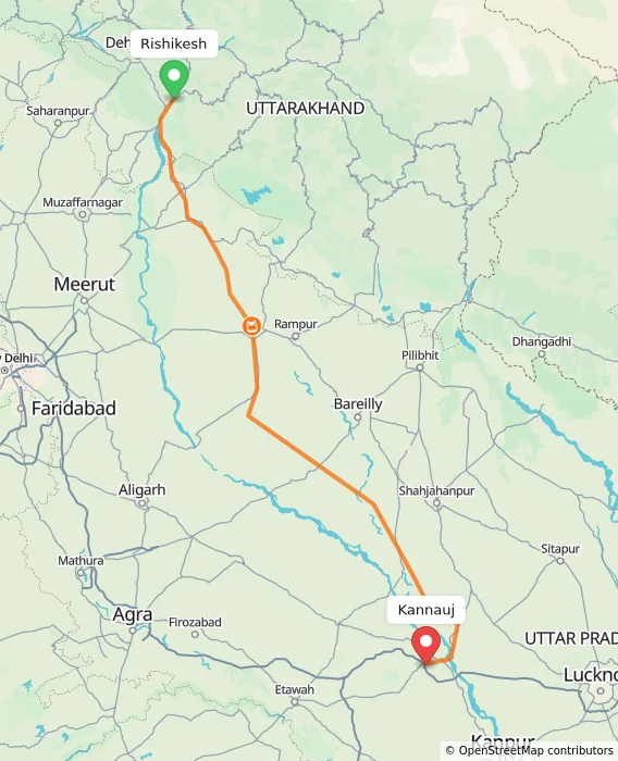 Route map showing distance and travel time from Rishikesh, India to Kannauj, India
