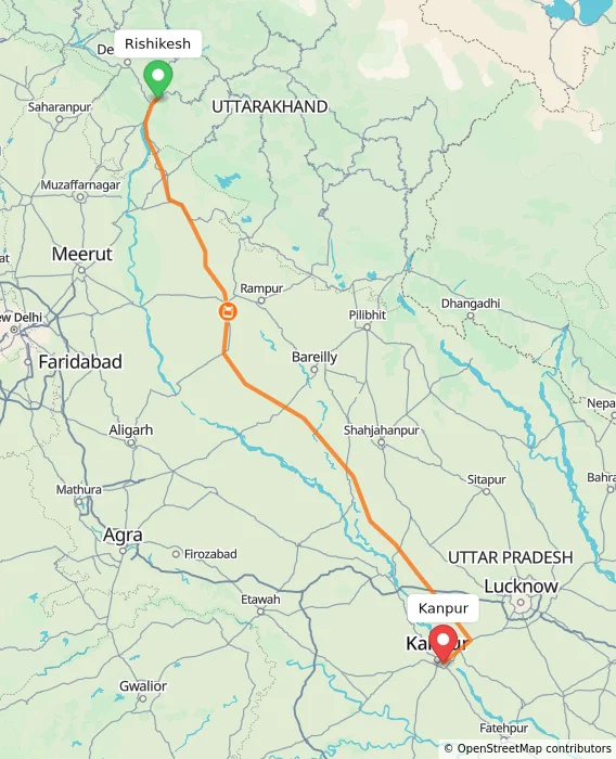 Route map showing distance and travel time from Rishikesh, India to Kanpur, India