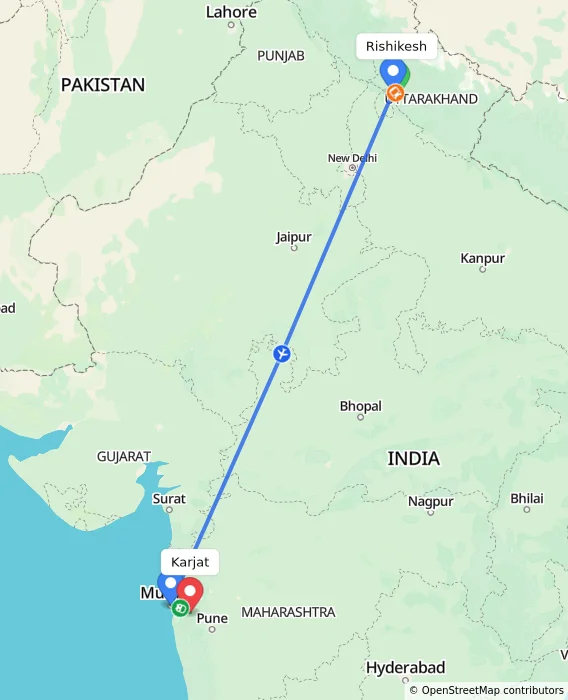 Route map showing distance and travel time from Rishikesh, India to Karjat, India