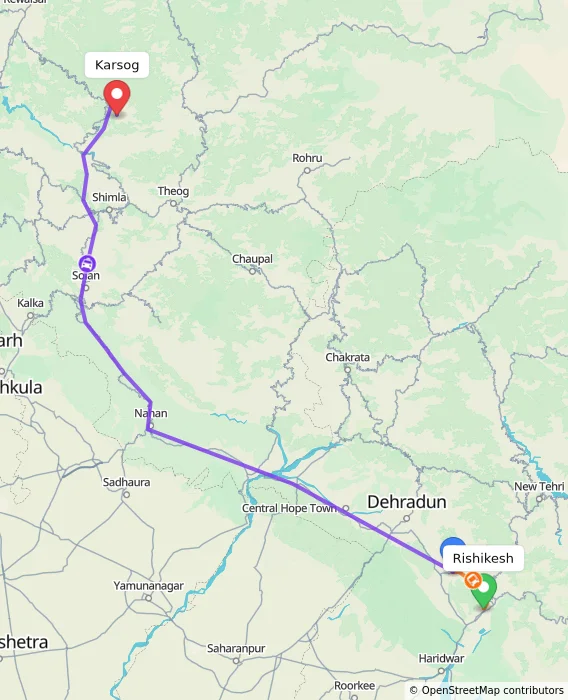 Route map showing distance and travel time from Rishikesh, India to Karsog, India