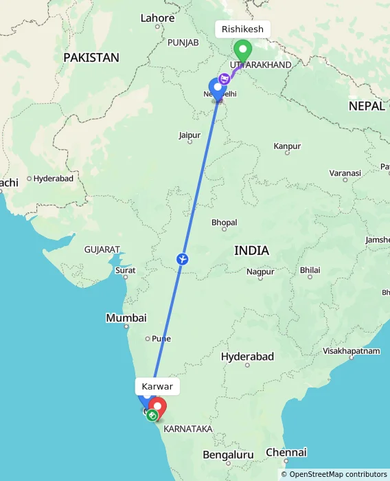 Route map showing distance and travel time from Rishikesh, India to Karwar, India