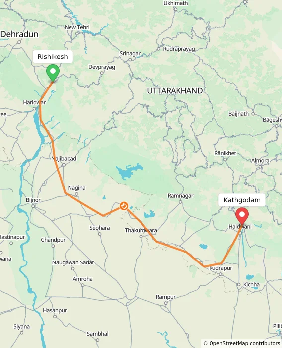 Route map showing distance and travel time from Rishikesh, India to Kathgodam, India