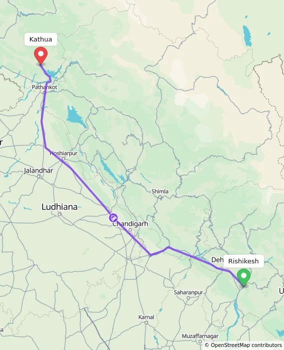 Route map showing distance and travel time from Rishikesh, India to Kathua, India